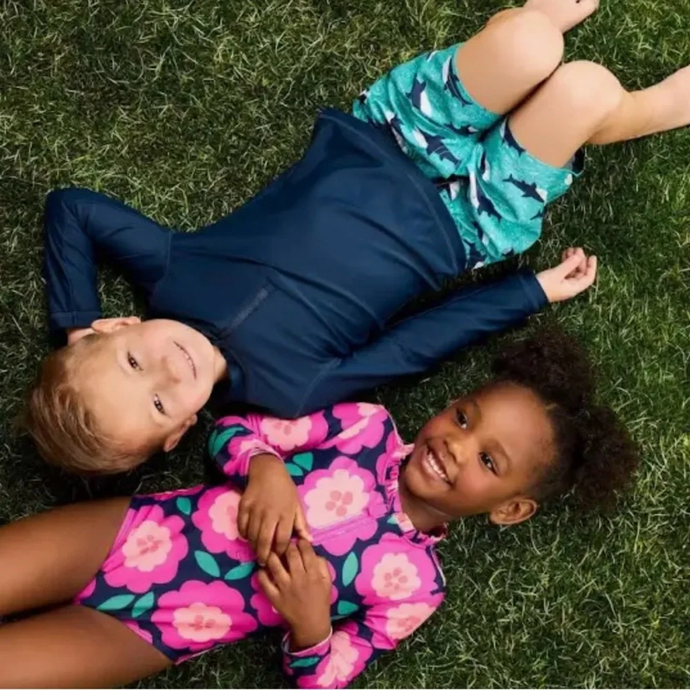 NEW Carter's Girls' Long Sleeve One Piece Rash Guard UPF 50 Pink flowers swim - Picture 3 of 3